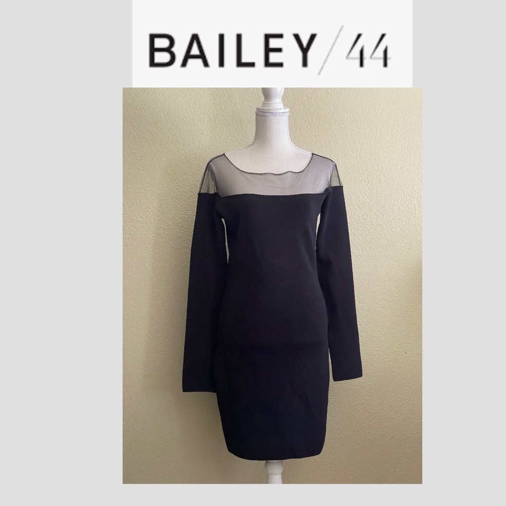 Bailey 44 Long Sleeves Neck Illusion Mesh Body con Dress Size:Large Color: Black